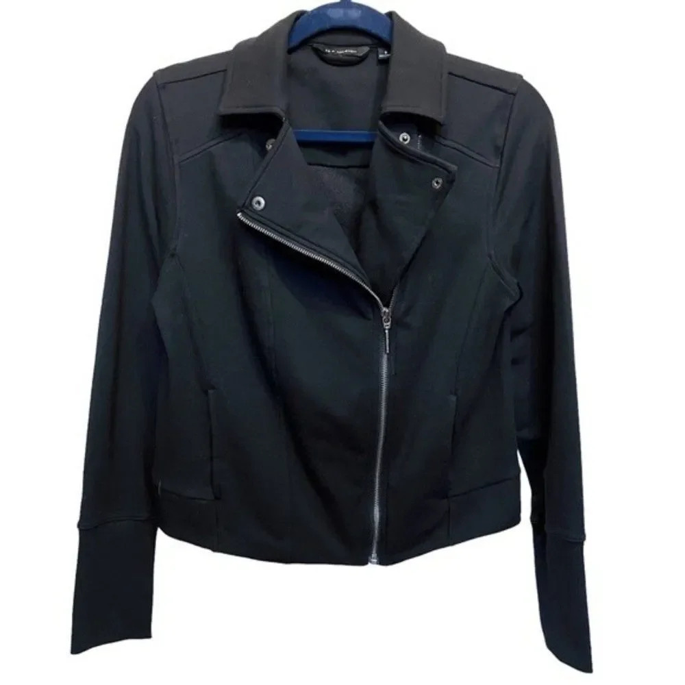 H By Halston French Terry Motorcycle Jacket With Rib Detail In Black Size 8 NWOT - Picture 2 of 10